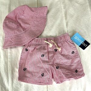 Nautical toddler boy, swim trunks with matching hat, size 3T new with tags